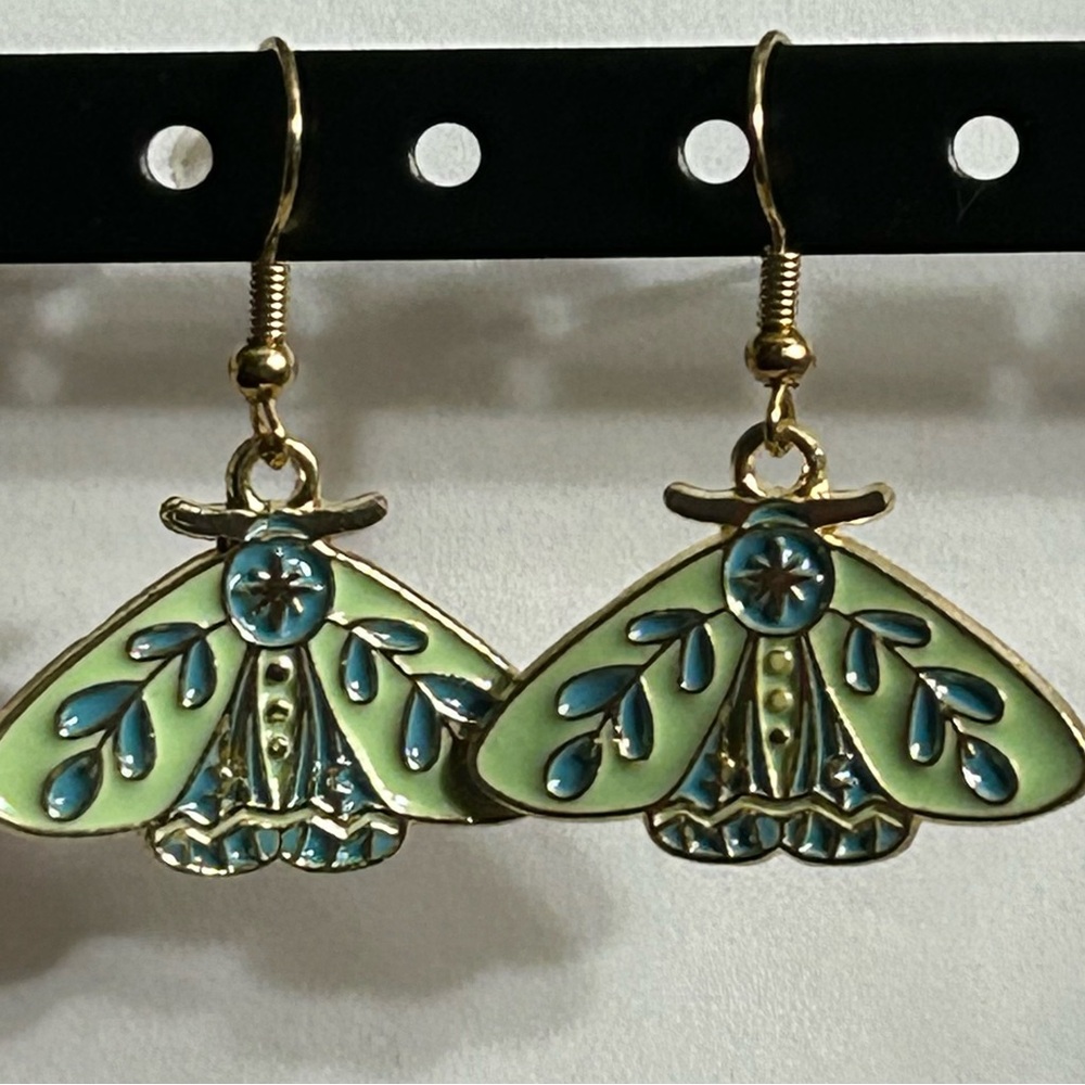 Handmade Green & Blue Moth Gold Finish Earrings Brand New